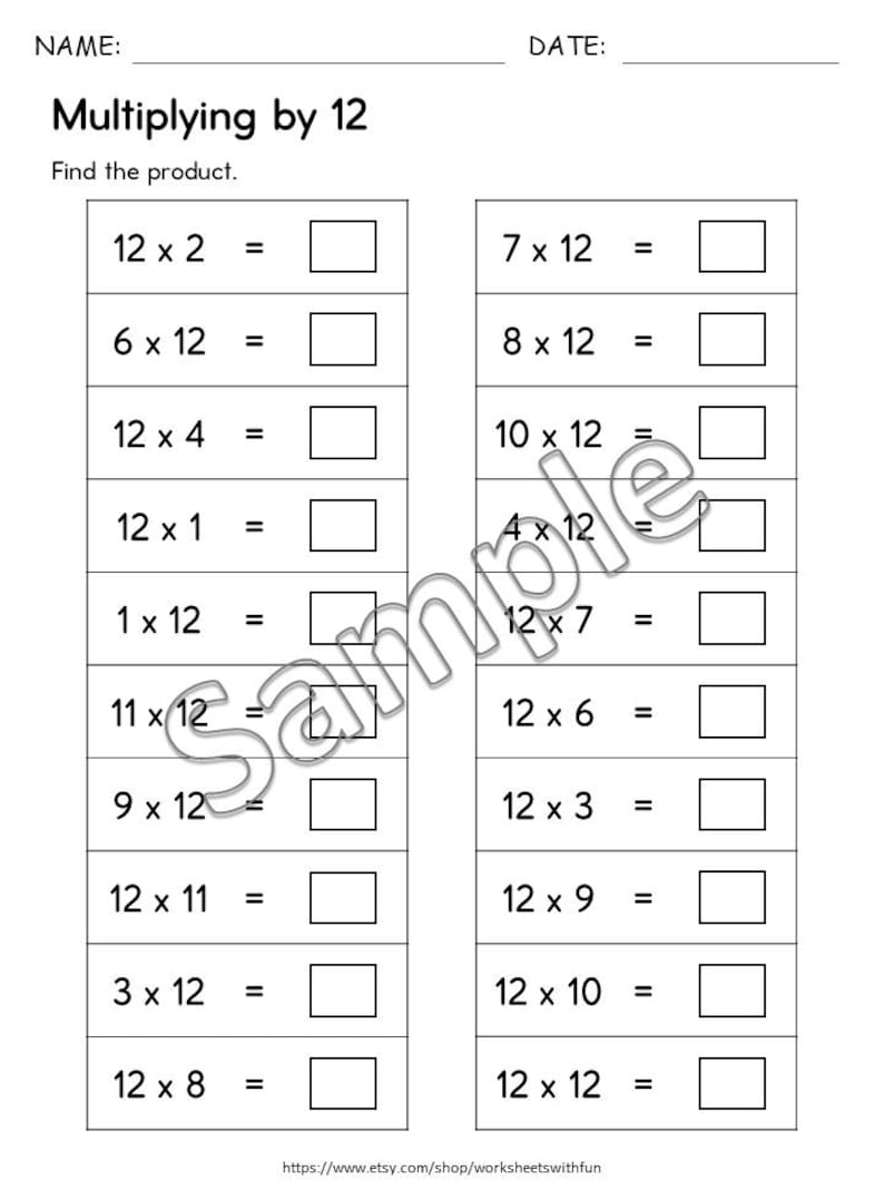 Pu&ograve; includere: Un foglio di lavoro stampabile in bianco e nero con il titolo "Moltiplicare per 12" e una serie di problemi di moltiplicazione che coinvolgono il numero 12. Il foglio di lavoro &egrave; progettato per aiutare gli studenti a esercitarsi nelle loro capacit&agrave; di moltiplicazione.