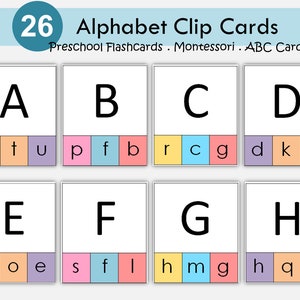 Schede con clip dell'alfabeto stampabili / Attività di abbinamento lettere maiuscole-minuscole / Centro di alfabetizzazione per la scuola materna e l'asilo / Istruzione parentale