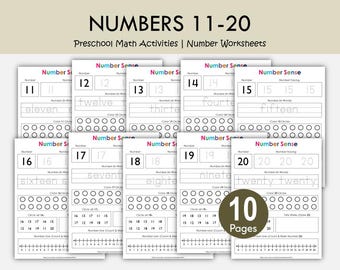 Numbers 11-20 Worksheets Printable, Kindergarten Number Tracing, Count and Trace, Preschool Math Activities, Number Line and Tally Marks