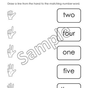 Pu&ograve; includere: Foglio di lavoro in bianco e nero intitolato "Number Words". Presenta gesti delle mani che rappresentano i numeri, con le corrispondenti parole numeriche in riquadri. Le istruzioni chiedono di collegare i gesti delle mani alle parole.