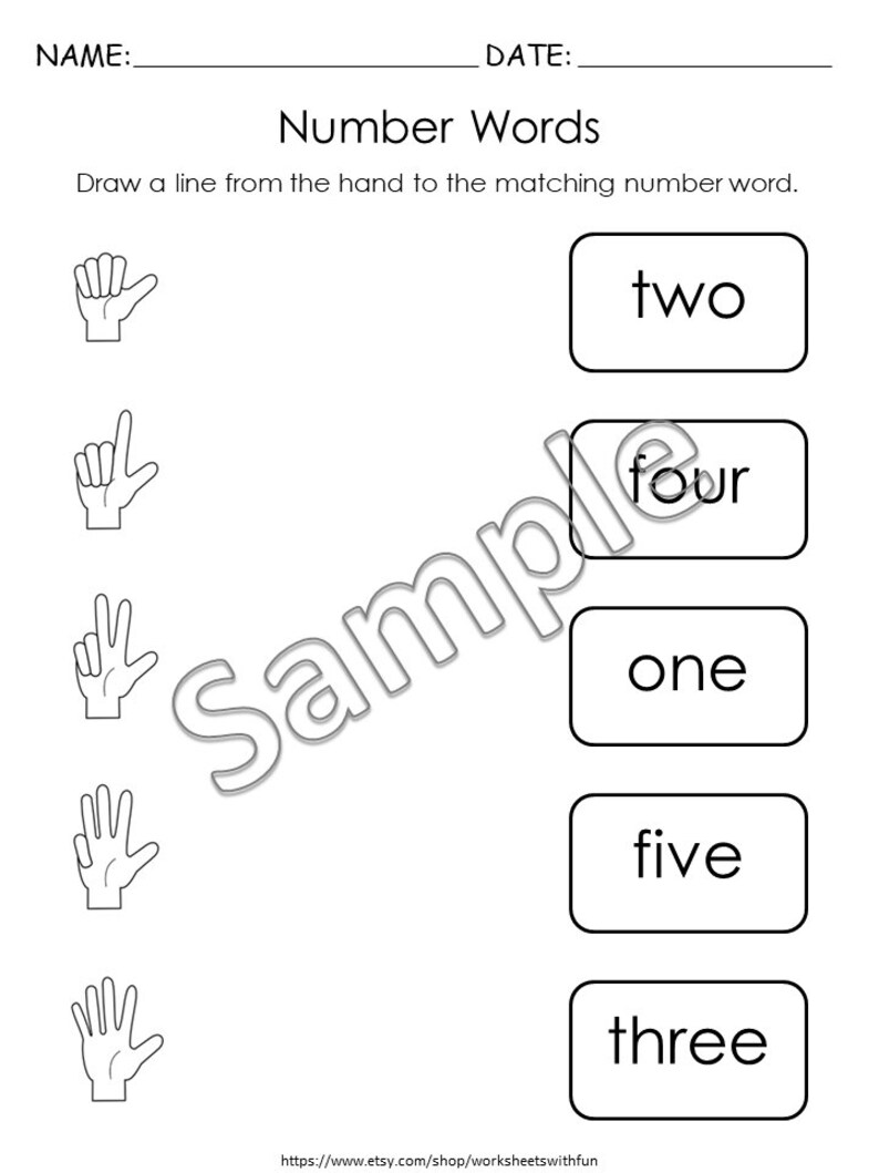 Pu&ograve; includere: Foglio di lavoro in bianco e nero intitolato "Number Words". Presenta gesti delle mani che rappresentano i numeri, con le corrispondenti parole numeriche in riquadri. Le istruzioni chiedono di collegare i gesti delle mani alle parole.