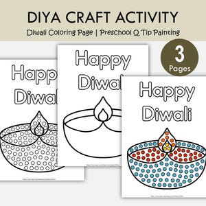 Puede incluir: Tres páginas blancas con "Happy Diwali" y un diseño de lámpara diya. Las páginas son para una actividad de manualidades, con el texto "Diya Craft Activity" en la parte superior. Las páginas son para pintar con bastoncillos preescolares.