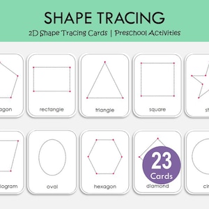 May include: A set of white rectangular shape tracing cards featuring black dotted outlines of a pentagon, rectangle, triangle, square, star, parallelogram, oval, hexagon, diamond, and circle. The text reads SHAPE TRACING 2D Shape Tracing Cards | PreSchool Activities and 23 Cards.