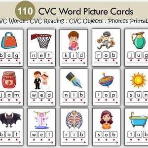 CVC Words Reading Picture Flashcards | Phonics Printable for Kids | Kindergarten, Grade 1 | CVC Word Family Cards | CVC Objects | Homeschool