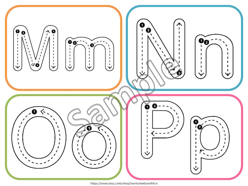 May include: Black and white printable tracing worksheet for learning the letters M, N, O, and P. Each letter is shown in uppercase and lowercase with numbered arrows indicating the tracing order.
