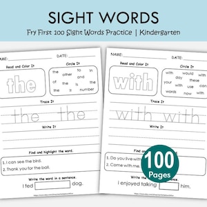 Fry First 100 Sight Words Worksheets, Kindergarten Literacy Practice (Digital Download)