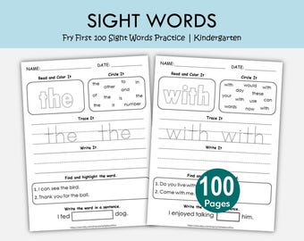 Feuilles de travail sur les 100 premiers mots à vue, exercice de mots à vue, activités d'alphabétisation à la maternelle, impression de lecture trace écriture, mot à haute fréquence
