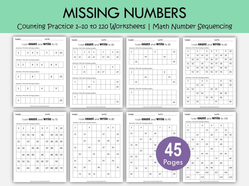 Missing Number Worksheets 1–120 | Counting Practice 1–10 to 120 | Math ...