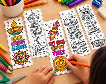 Diwali Coloring Bookmarks Printable, Diwali Crafts for Kids, Festival of Lights Activity, Classroom Party Favors, 12 Bookmarks PDF