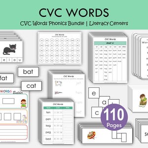 Peut inclure: Un ensemble de ressources pédagogiques CVC Words Phonics Bundle comprenant 110 pages. Il contient des piles de cartes de mots, des feuilles d'exercices illustrées, des listes de familles de mots et une fiche CVC Words Builder en noir et blanc.