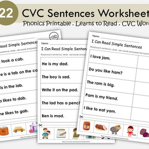 CVC Wörter, CVC Sätze Arbeitsblätter, Einfache CVC Sätze lesen, Phonics Buch, Kindergartenaktivität, Ressourcen für die erste Klasse, Homeschool