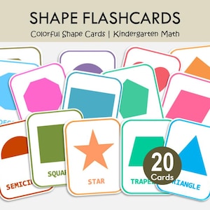 Basic Shapes Flashcards Printable for Preschool, 20 Colorful Shape Cards, Kindergarten Math Centers, Pre K Learning Activity