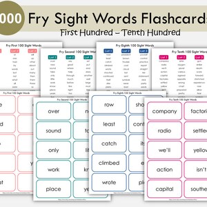 Tarjetas de vocabulario visual de Fry / 1.º a 10.º centenar / 1000 palabras imprimibles / Herramienta de alfabetización / Palabras de alta frecuencia / Preescolar a 5.º grado