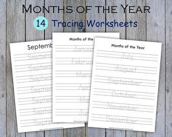 Months of the Year Worksheets Printable, Months of the Year Tracing Sheets, Kindergarten, Montessori Resource, Preschool, Kids Homeschool