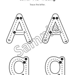 May include: Black and white printable worksheet with dotted lines for tracing the uppercase and lowercase letters 'A' and 'a'. The letters are numbered to show the order of tracing.