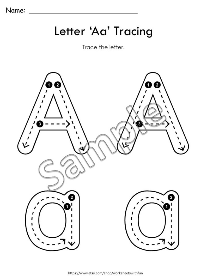 May include: Black and white printable worksheet with dotted lines for tracing the uppercase and lowercase letters 'A' and 'a'. The letters are numbered to show the order of tracing.