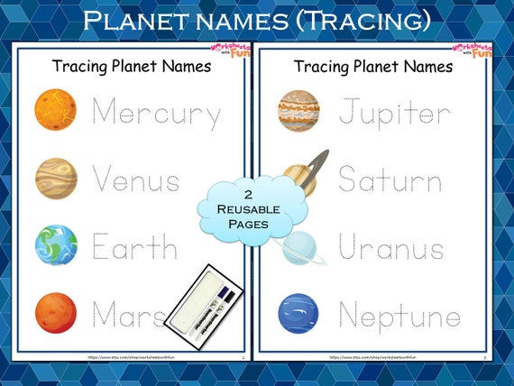 planets name tracing worksheets pdf kindergarten planets word etsy