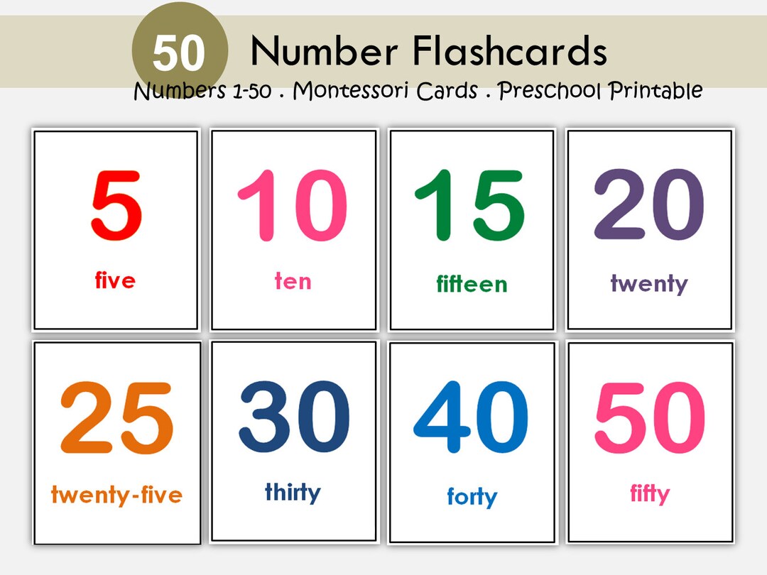 Numbers Flash Cards, Preschool Counting Flash Cards, Number Cards 1-50 ...