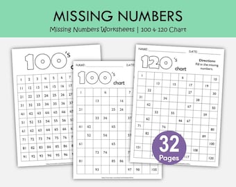 Missing Number Worksheets, 1-100 & 1-120 Chart Printable, Math Activities for Kindergarten First Grade, Counting Practice PDF