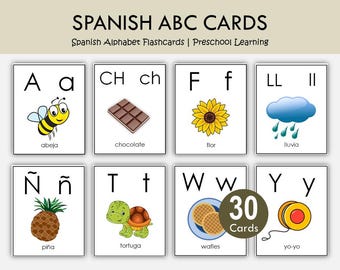 Spanish Alphabet Flashcards, ABC Learning Cards, Bilingual Toddler Preschool (Digital Download)
