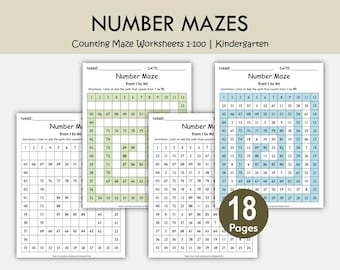 Number Maze Worksheets Printable with Answers | Counting Mazes 1-100 Preschool Kindergarten Math Activities PDF