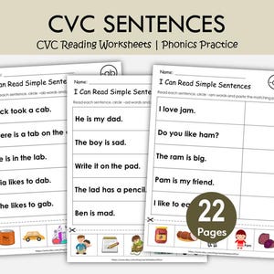 Feuilles de travail sur les phrases de lecture du CVC imprimables | Activité de copier-coller de voyelles courtes pour le préscolaire et la maternelle