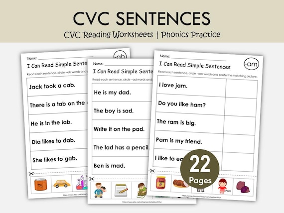 CVC Reading Sentences Worksheets Printable | Short Vowel Phonics Cut and Paste Activity for Preschool & Kindergarten