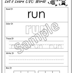 May include: A black and white printable worksheet for learning CVC words. The word "run" is featured in the worksheet. The worksheet includes sections for reading, colouring, tracing, writing, and boxing the letters.