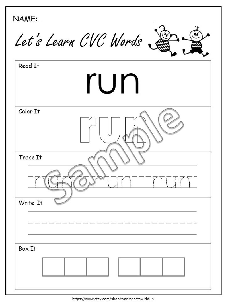 May include: A black and white printable worksheet for learning CVC words. The word "run" is featured in the worksheet. The worksheet includes sections for reading, colouring, tracing, writing, and boxing the letters.