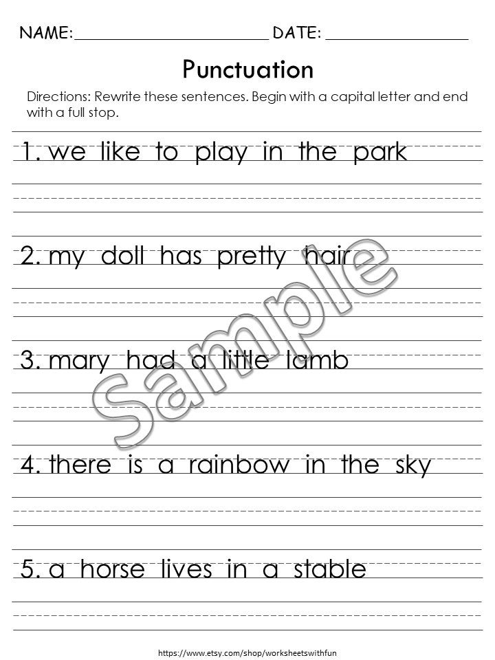 Punctuation Worksheets | Capital Letters & Period (full Stop) Practice ...