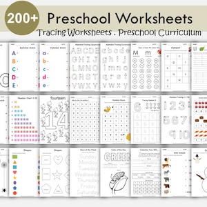 Lot de feuilles d'exercices d'apprentissage préscolaire pour la maternelle, activités préscolaires, Montessori, alphabet, chiffres, traçage, mathématiques, couleurs, formes