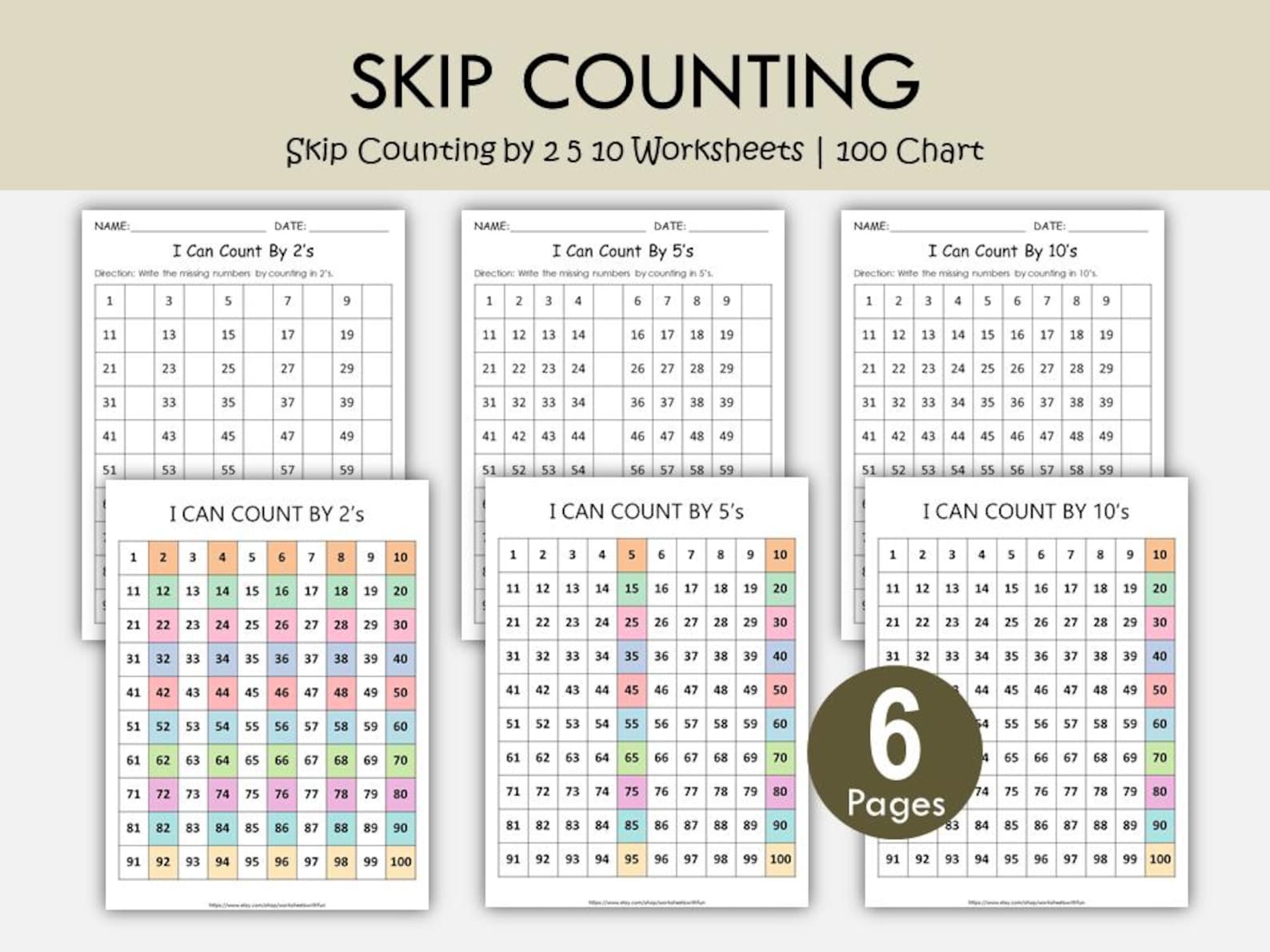 Skip Count Paper Skip Counting by 2, 5, 10 Worksheets | 100 Chart Printable Math ...