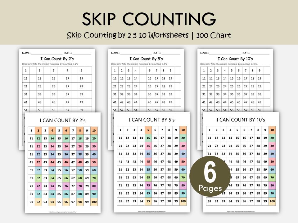 Skip Counting by 2, 5, 10 Worksheets | 100 Chart Printable Math ...
