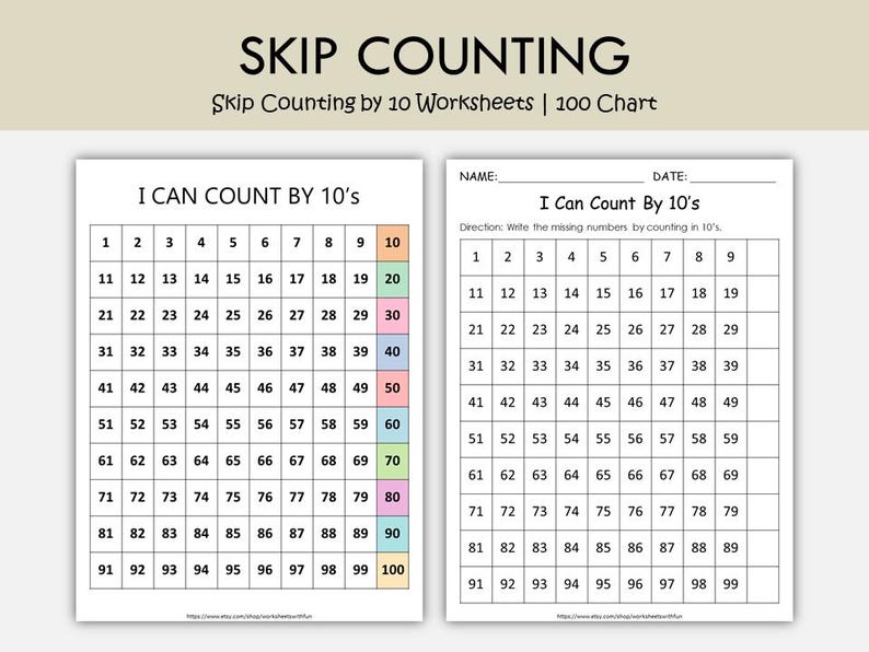 Hojas de trabajo para contar de 2 en 2, de 5 en 5 y de 10 en 10 / Tabla del 100: actividades matemáticas imprimibles / Patrones de multiplicación para jardín de infantes, 1.º y 2.º grado (PDF) imagen 4