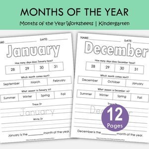 Puede incluir: Dos hojas de trabajo educativas tituladas Months of the Year, con secciones para enero y diciembre. Cada página incluye preguntas para completar sobre días, estaciones y orden de los meses, con líneas para escribir. Un círculo morado indica 12 Pages.