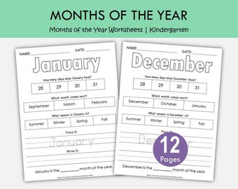 May include: Two educational worksheets titled Months of the Year, featuring sections for January and December. Each page includes fill-in-the-blank questions about days, seasons, and month order, with tracing and writing lines. A purple circle indicates 12 Pages.