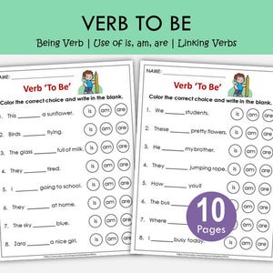 May include: Two worksheets with the title "Verb 'To Be'" and instructions to color the correct choice and write in the blank. The worksheets are for educational purposes and include examples such as "This a sunflower."