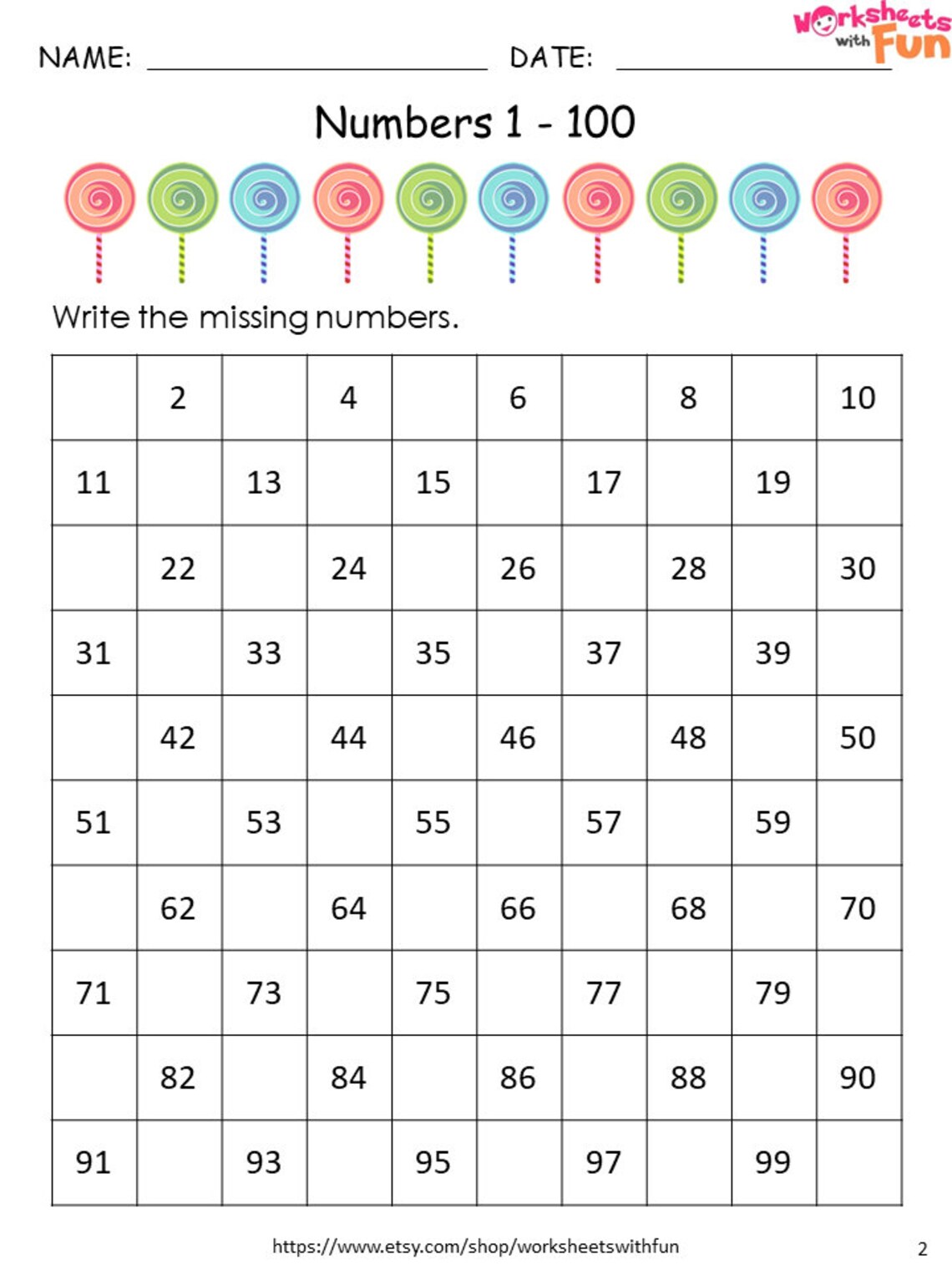 kindergarten math worksheets missing numbers 1 100 etsy