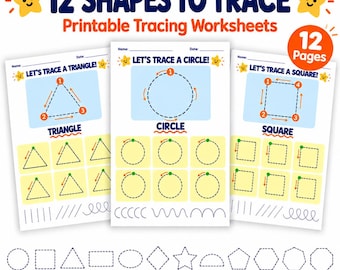 Shape Tracing Worksheets for Preschool, 12 Printable Shapes, Kindergarten Trace and Draw Activities