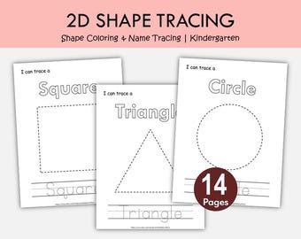 2D Shape Tracing Worksheets Printable | Shape Coloring & Name Tracing | Preschool Kindergarten Geometry Practice | Fine Motor Activity