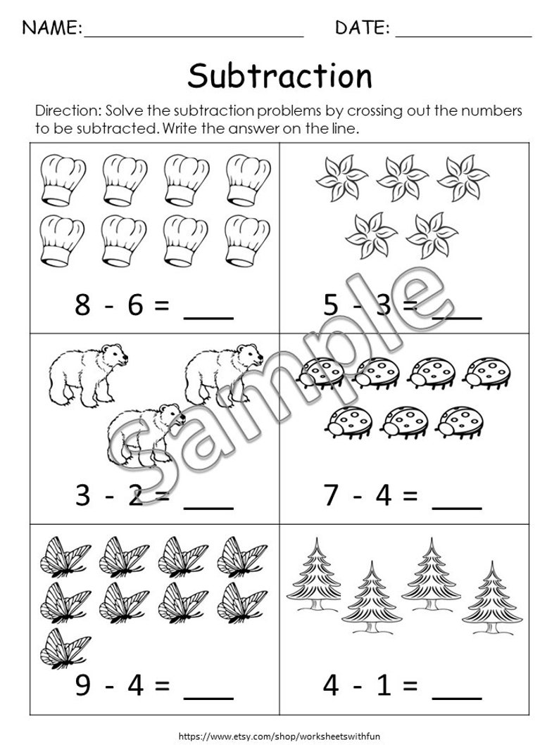 May include: Black and white subtraction worksheet with various illustrations. The worksheet includes math problems with images of chef hats, flowers, bears, ladybugs, butterflies, and trees. The text reads "Subtraction" and "Solve the subtraction problems by crossing out the numbers to be subtracted."