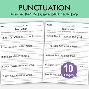 Hojas de trabajo de puntuación / Práctica de mayúsculas y punto / Imprimibles de gramática para jardín de infantes y primer grado