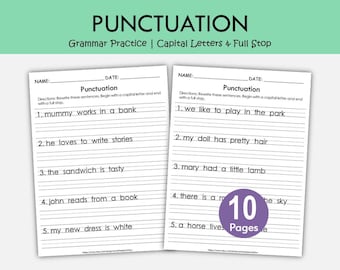 Punctuation Worksheets | Capital Letters & Period (Full Stop) Practice | Grammar Printables for Kindergarten and Grade 1