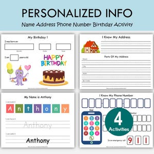Hoja de trabajo de información personal para niños / Nombre, dirección, número de teléfono, actividad de cumpleaños / Imprimible de seguridad / Aprendizaje preescolar y jardín de infantes