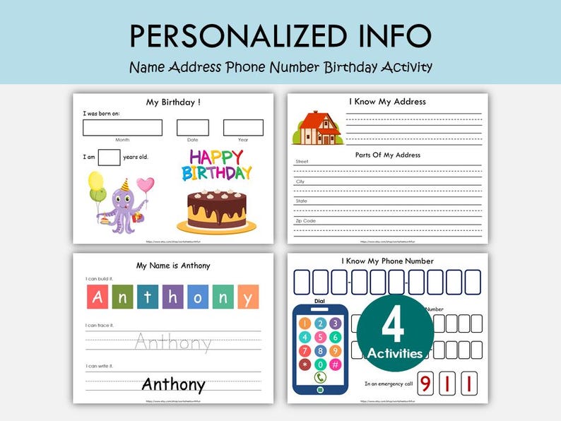 Personal Information Worksheet for Kids | Name Address Phone Number ...