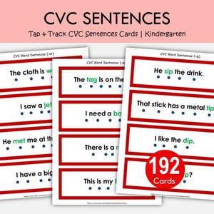 May include: Three CVC sentence cards for kindergarten. Each card has a red border and contains simple sentences with dots below the words. The top of the image reads "CVC SENTENCES". The cards are labeled with the number "192" and the word "Cards".