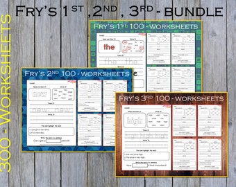 Pacchetto di fogli di lavoro Fry Sight Words, 300 fogli di lavoro stampabili per Fry per la scuola materna, Fry First, Second & Third 100 fogli di esercizi con parole per la vista