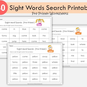Sight Words Worksheets, Preschool Sight Words Workbook, Pre Primer 40 Sight Word Search Printable, Sight Word Practice, PreK, Kindergarten