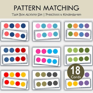 May include: A pattern matching task box activity set for preschool and kindergarten with 18 cards. Each card features a white rectangular base with four colored circles and a smaller matching strip with four colored circles arranged in various sequences.