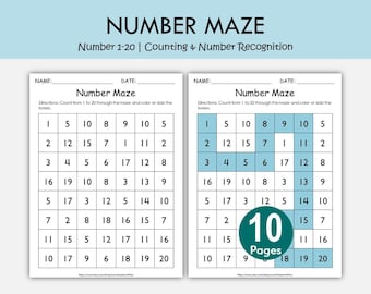 Number Maze Worksheets 1-20 | Preschool Counting & Number Recognition Math Printable